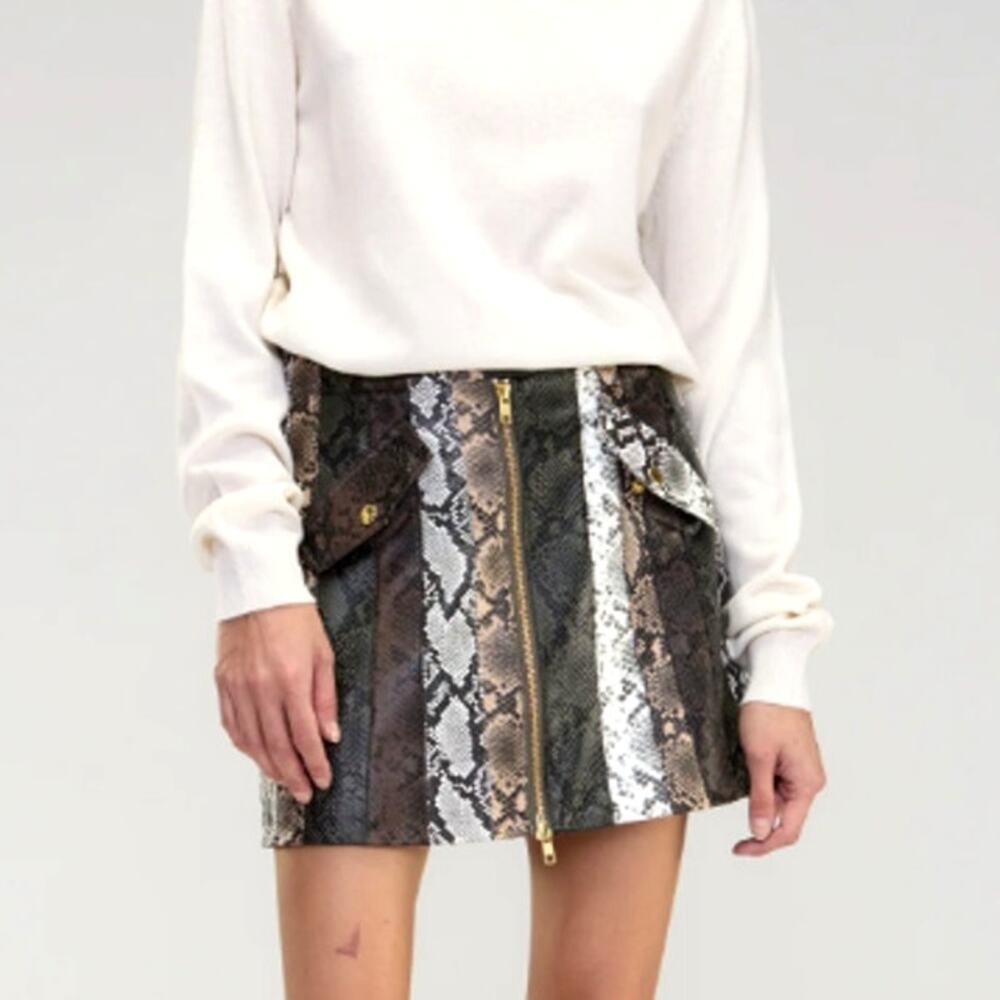 Cynthia Rowley Snake-Embossed Vegan Leather Patchwork Zip Skirt Size 8